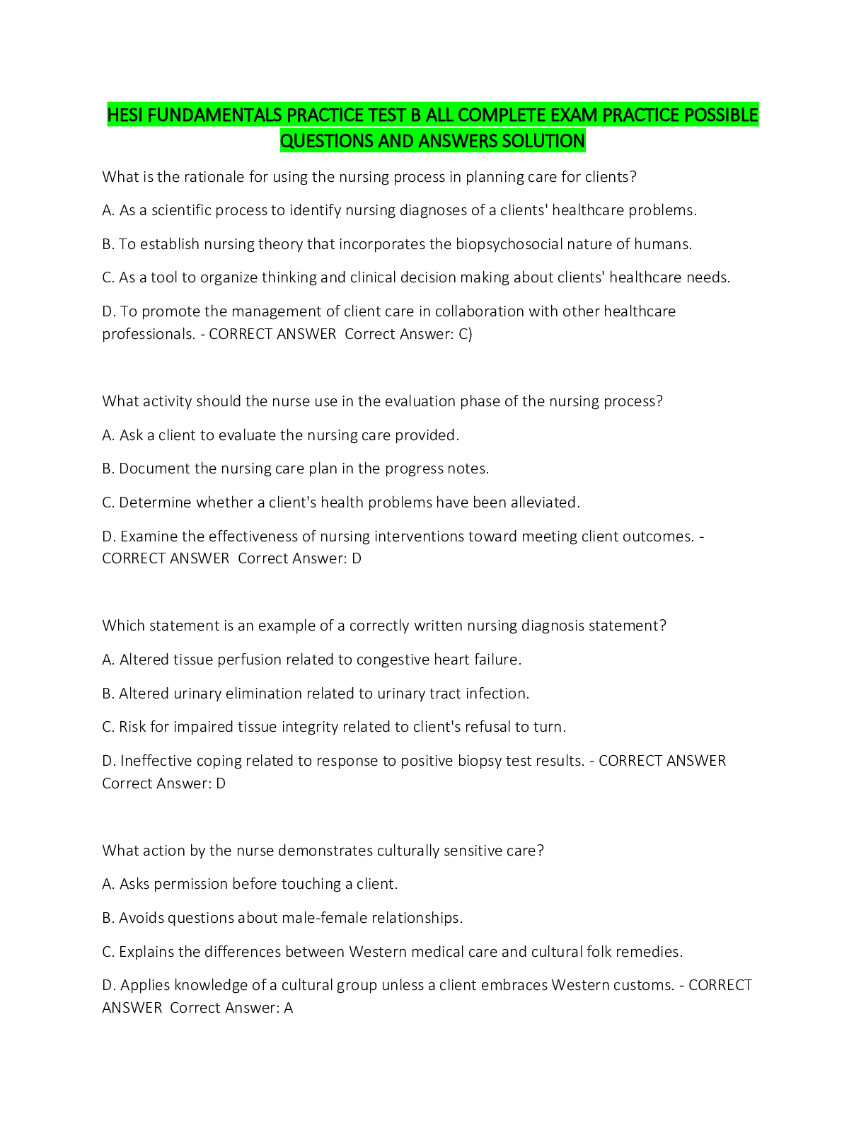 Preview image for HESI FUNDAMENTALS PRACTICE TEST B ALL COMPLETE EXAM PRACTICE Predictor 2022/2023